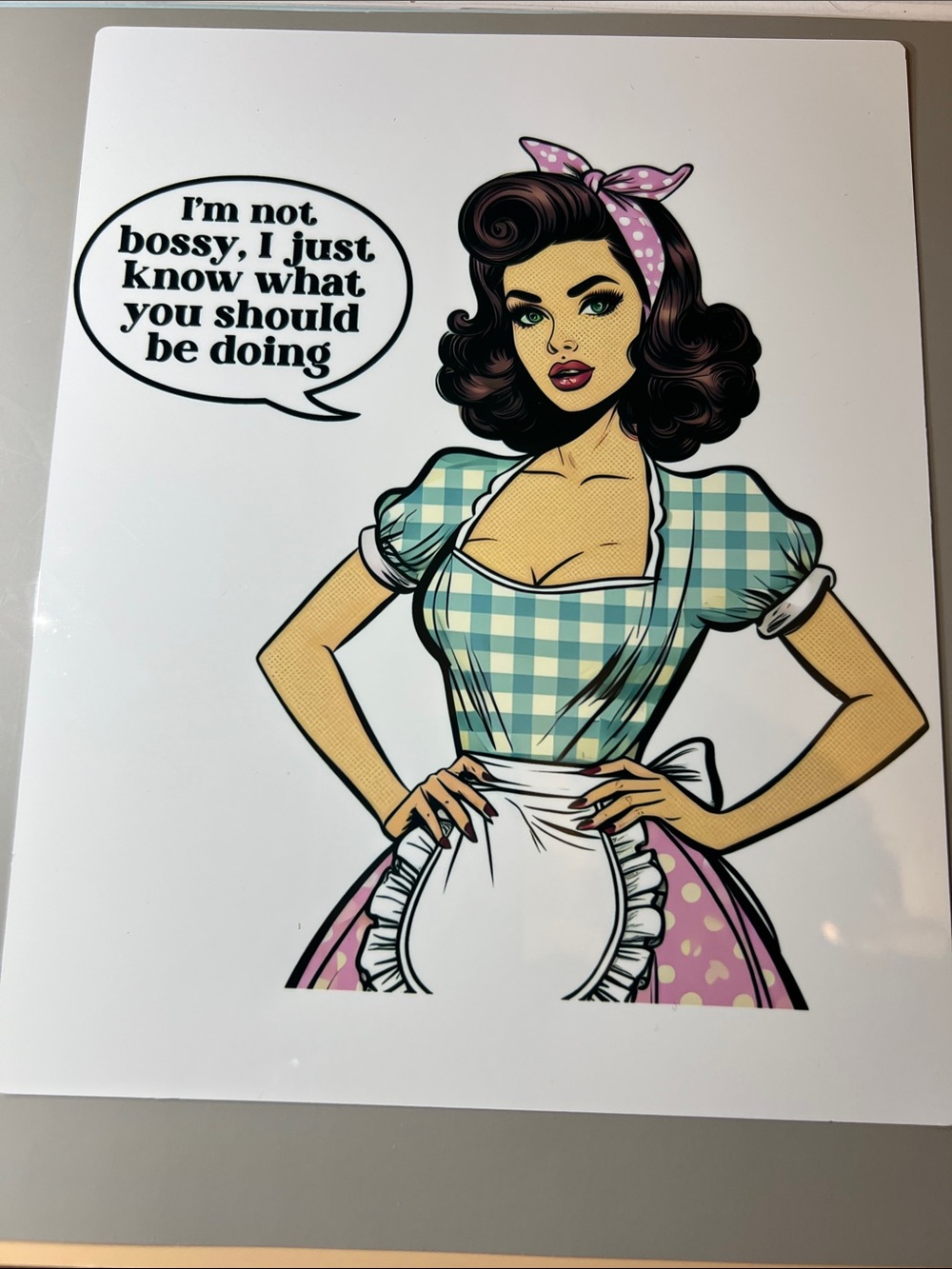 Hand Crafted Retro Pop Art Housewife Wall Decor in Teal, Pink, White, Black